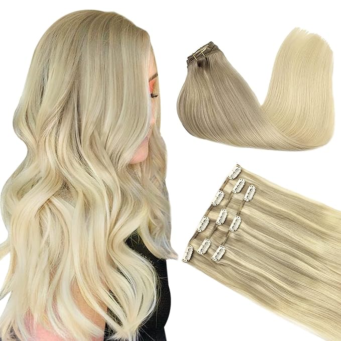 DOORES Hair Extensions Clip in Human Hair, 3pcs 60g 14 Inch Balayage Ash Blonde to Golden Blonde and Platinum Blonde Remy Clip in Human Hair Extensions Natural Straight Hair Extensions