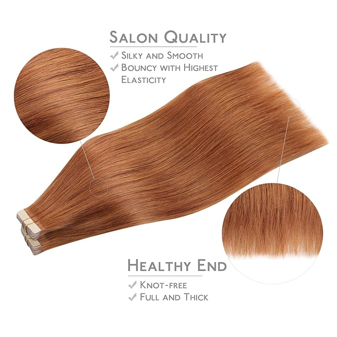 WENNALIFE Tape in Hair Extensions, 16 Inch Dirty Ginger Human Hair, 40pcs 100g Straight Invisible Reusable Real Extensions