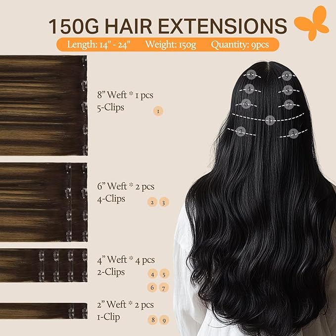 DOORES Clip in Hair Extensions, Balayage Dark Brown to Chestnut Brown 22 Inch 9pcs 150g, Hair Extensions Real Human Hair Clip ins Extensions Human Hair Natural Extensions for Women Clip in Straight