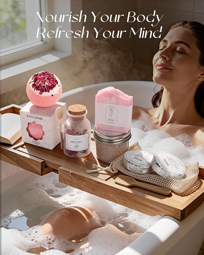 Coralogo Rose Spa Gifts for Women - 15pc Self-care Spa Gift Basket with Scented Candle, Bath Salt, Greeting Card - Thinking of You Basket for Her Birthday, Christmas, Mother's Day, Valentine's Day