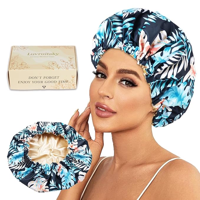Large Shower Caps for Women Reusable Waterproof Satin Lined Shower Cap with Adjustable Band Double Layer Design Luxury Washable Bath Hair Bonnet (Black Palm)