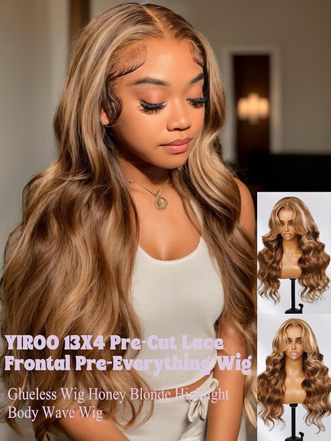 YIROO Pre Everything Wig Honey Blonde 13X4 Pre Cut Lace Front Glueless Human Hair Wigs Body Wave Brown Blonde Highlight Ombre Pre Bleached Invisible Bye Bye Knots Wig Pre Plucked 150% Density 18Inch