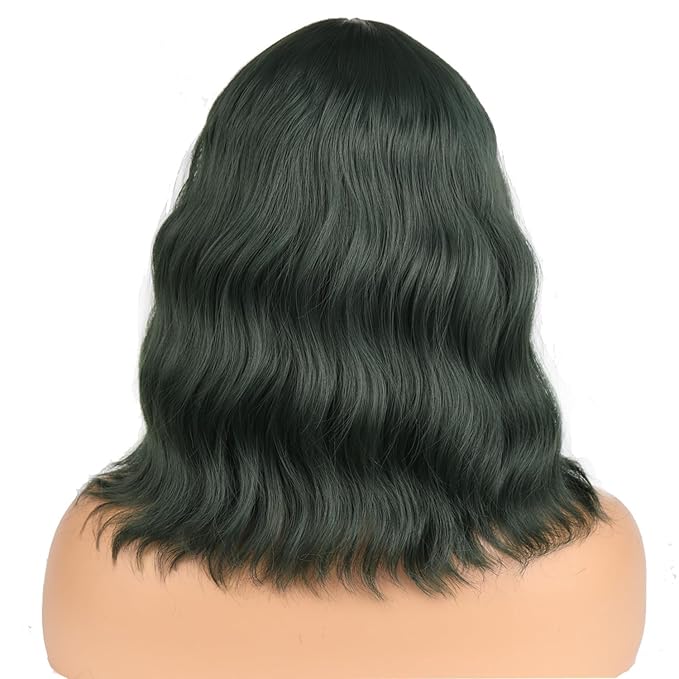 BERON 14 Inches Dark Green Wig for Women Short Curly Wig Green Wigs with Bangs Loose Wavy Wigs for Daily or Party