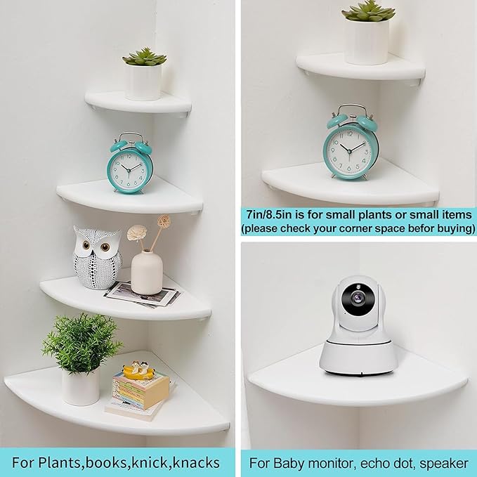 Corner Shelves, Floating Corner Shelf, Set of 2 White Solid Oak Wood Wall Shelves, Round End Wall Mount with Wire Hole Shelving for Small Plant for Bedroom Kitchen, Living Room 8.7"