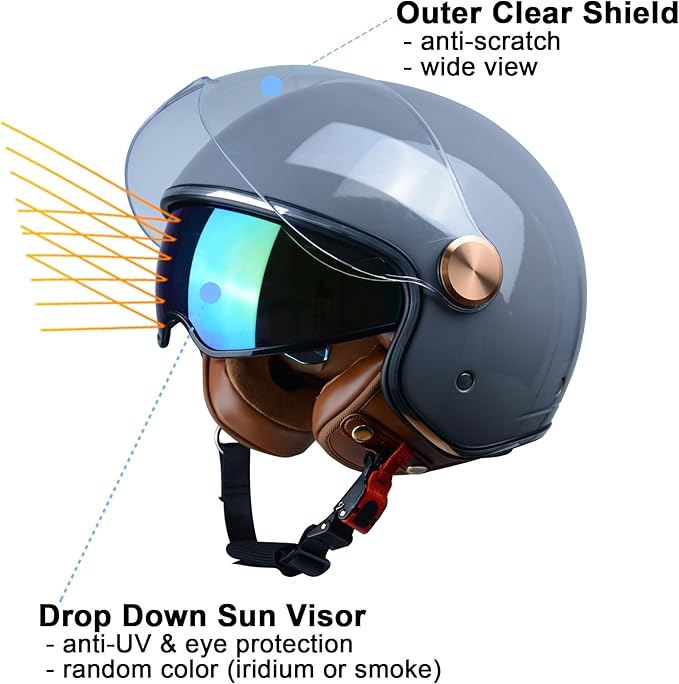Open Face Motorcycle Helmet for Adults, DOT Approved,3/4 Retro Vespa Helmet, Dual Visors Men's and Women's Motorbike Casco for Moped Cruiser Bobber and Chopper