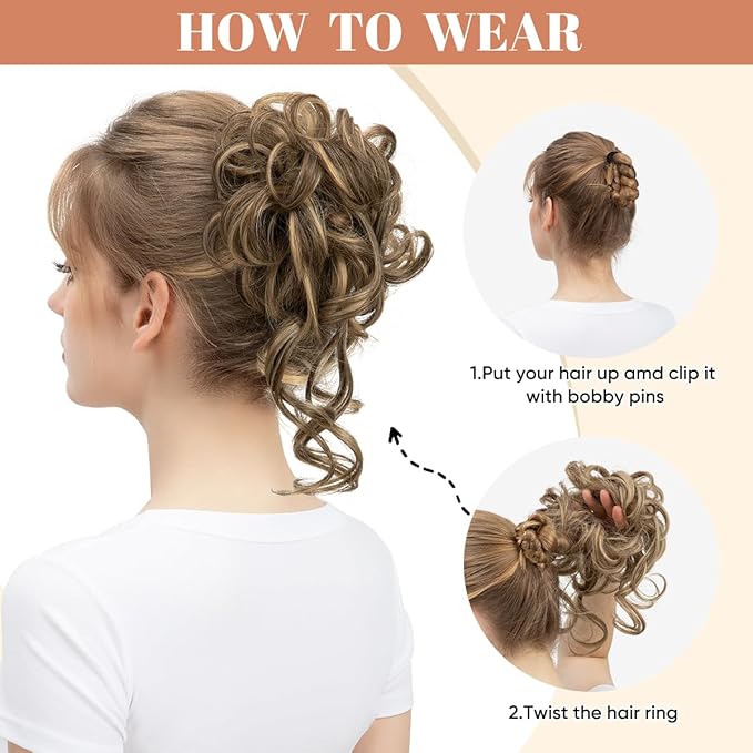CJL HAIR 2PCS Messy Bun Hair Pieces Wavy Curly Synthetic Updo Chignon Fake Scrunchies Ponytail Extension for Women Ash Grey