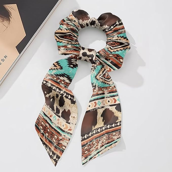2 Pack Aztec Knotted Bow Hair Scrunchies Elastic Hair Scarf Ethnic Geometric Ribbon Scrunchy Cow Print Bow Hair Ties with Flowing Tails