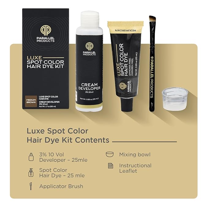 Parallel Products - Luxe Color (Medium Brown) - Cream Hair Dye - 25mL - Tint for Professional Spot Coloring - With Cream Developer, Mixing Dish and Application Brush - Covers Grey Hair - Root Touch Up