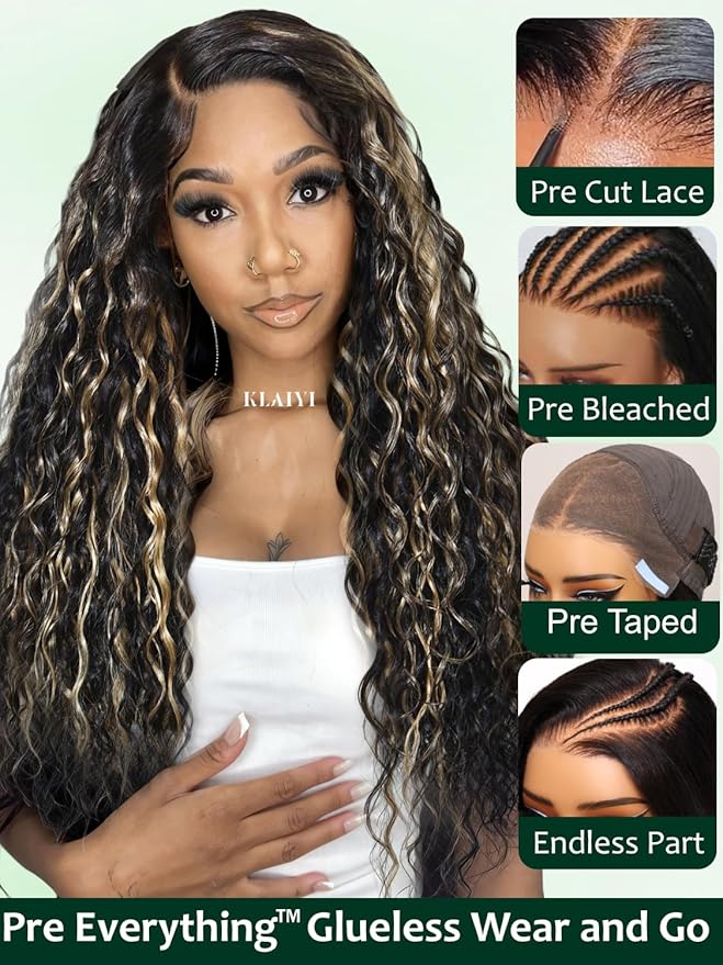 KLAIYI Ombre Highlight Blonde Water Wave Glueless Pre Everything 13x4 Lace Front Wigs Human Hair Drawstring Pre Plucked Pre Bleached Bye Bye Knots Curly Wig with Dark Roots Ready to Wear and Go 18Inch