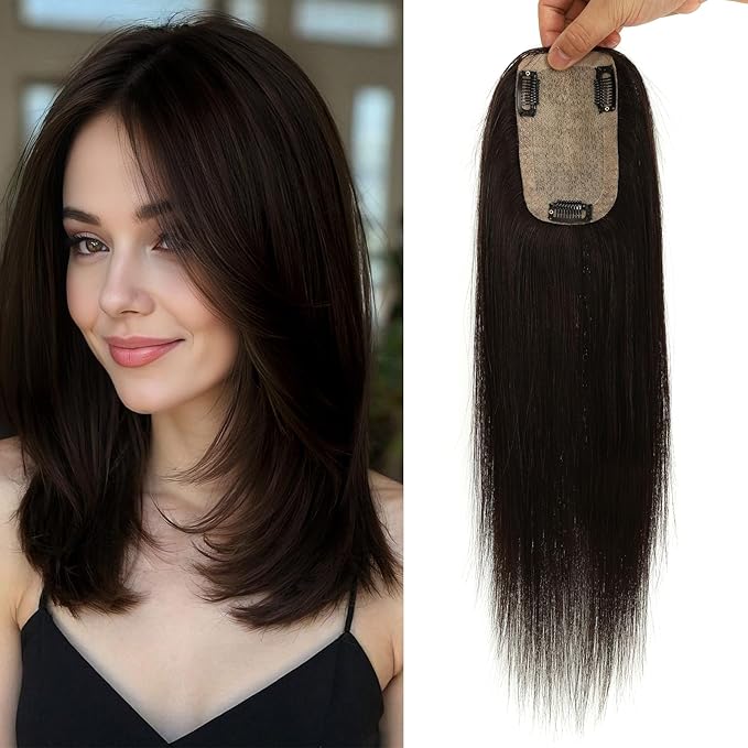 Hair Toppers for Women Real Human Hair, 3x5 Inch Injected Silk Base No Bangs 16 Inch Length 130% Density Hairpieces #1C Natural Black (Subtle Red Undertones in Sunlight)