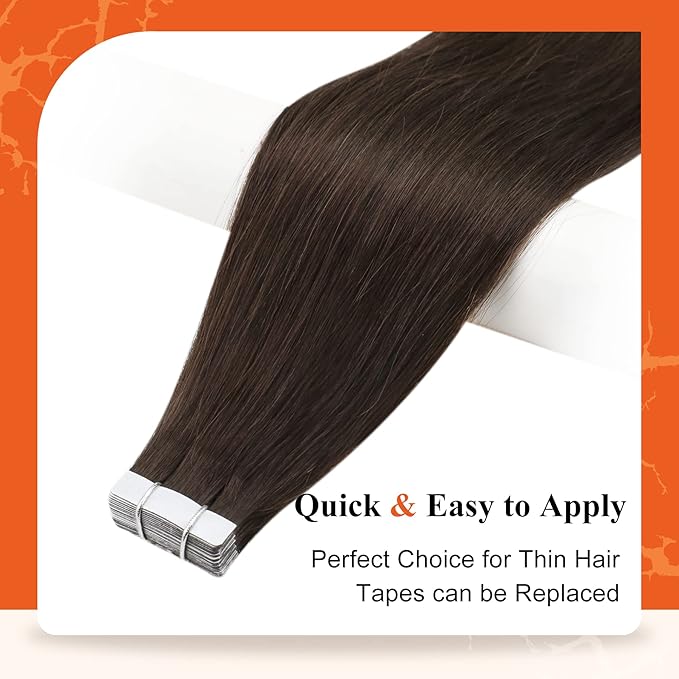 Full Shine Tape in Hair Extensions Human Hair Color Dark Brown Tape Hair Extensions Real Human Hair 14Inch Skin Weft Tape in Extensions 20pcs 50Gram Silky Straight Hair Extensions Tape in