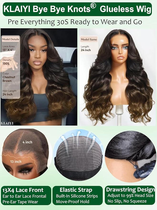 KLAIYI Ombre Brown Loose Body Wave 13x4Pre Everything Lace Frontal Chestnut Brown Drawstring Wig with Face Framing Layers Precut Lace Pre Plucked Bleached Bye Bye Knots Ready to Wear and Go Wig 16Inch