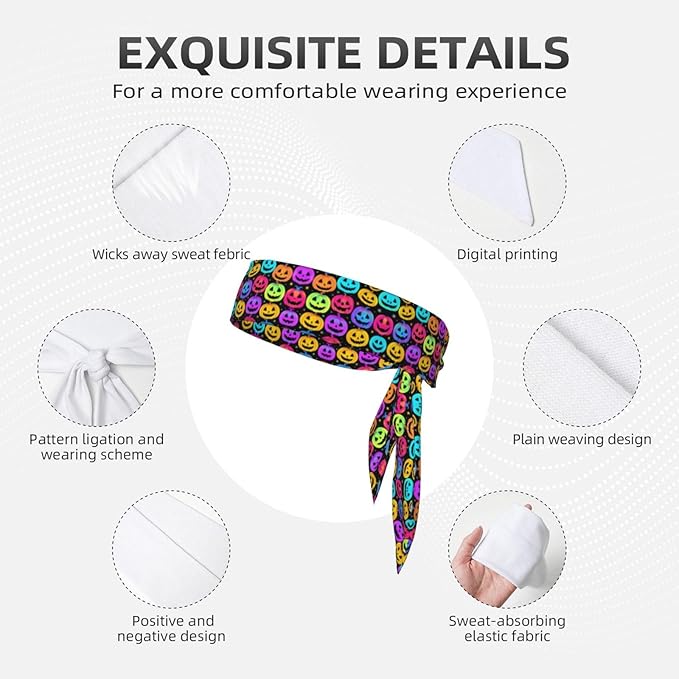 Men Women Beauty Skinny Sports Sweat Band Hand Decor for Running Travel Spa, Long Boho Style Halloween Trippy Neon Pumpkin Skull Hair Band Headdress