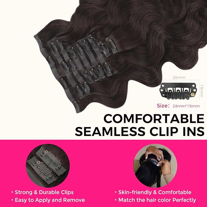 Lashey Seamless Clip in Hair Extensions Human Hair 150g 9pcs 22 Inch Body Wave #2 Dark Brown Clip in for Women PU Weft Hair Extensions