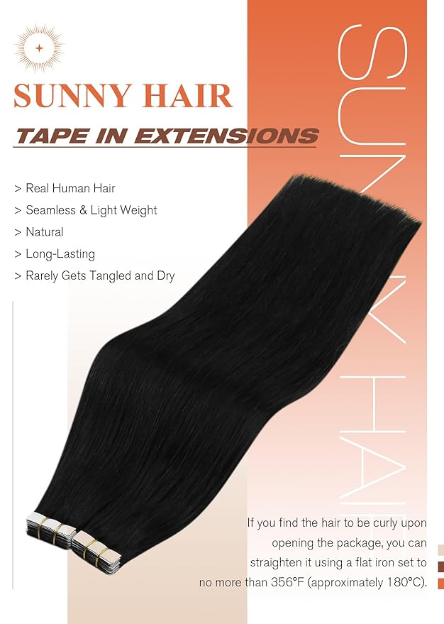 Sunny Hair Tape in Hair Extensions Human Hair 26inch Hair Extensions Real Human Hair Tape in Extensions for Women Jet Black Invisible Remy Hair Natural Straight Skin Weft Double Sided Tapes 20Pcs 50g