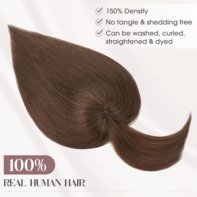MY-LADY Human Hair Toppers for Women Real Human Hair with Bangs Thin 8.5 * 8.5CM Mono Base Clip in Remy Hairpieces Light Weight 14 Inch Chocolate Brown