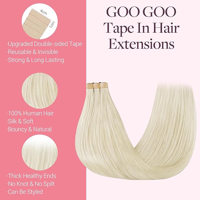GOO GOO Tape in Hair Extensions Human Hair, 60A Platinum Blonde, 26inch 60g 20pcs, Skin Weft Seamless Invisible, Silky Straight with Thick Ends, Remy Human Hair