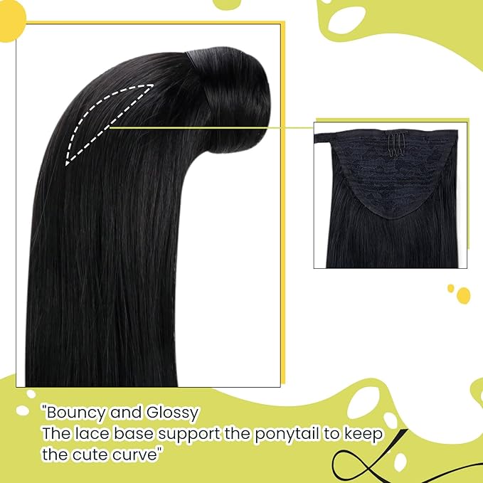 RUNATURE Ponytail Extension Human Hair for Black Women, Real Human Hair Ponytail with Magic Paste, Soft Straight Remy Hair, Daily Wearing, Easy to Apply, 12 Inch 70g #1 Jet Black