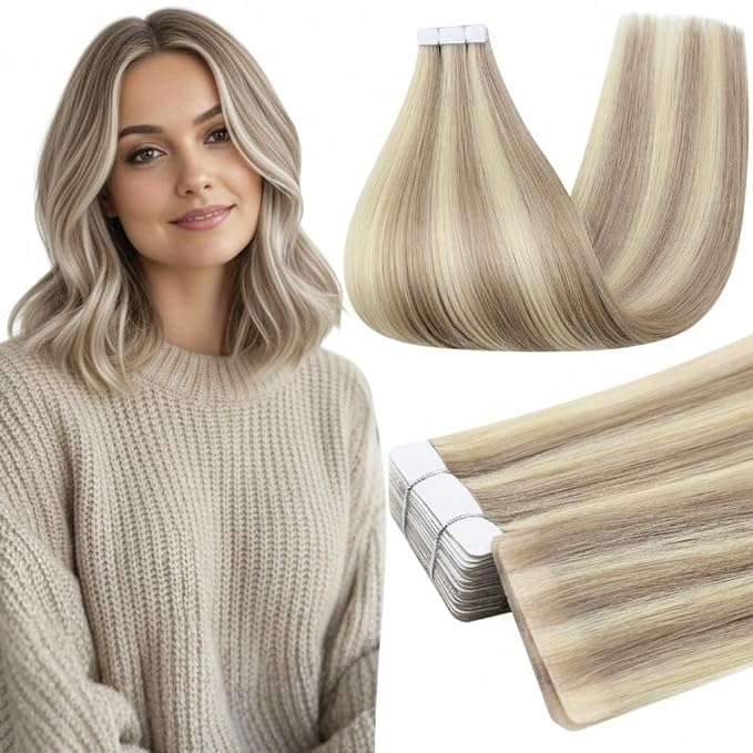 Full Shine Injection Tape in Hair Extensions Human Hair Highlighted Blonde 14Inch Color 18 Ash Blonde and 613 Blonde Machine Virgin Tape in Extensions Seamless Skin Weft Injection Tape 20Grams 10Pcs