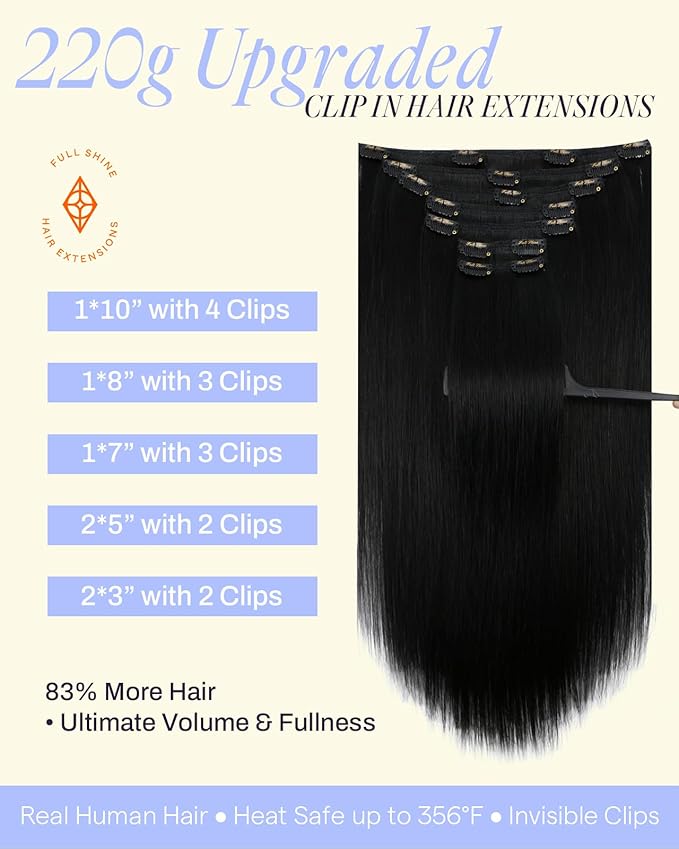 Full Shine Black Extensions Clip in 220 G 24 Inch Long Black Hair Extensions Clip in Human Hair for Length 7 Pcs