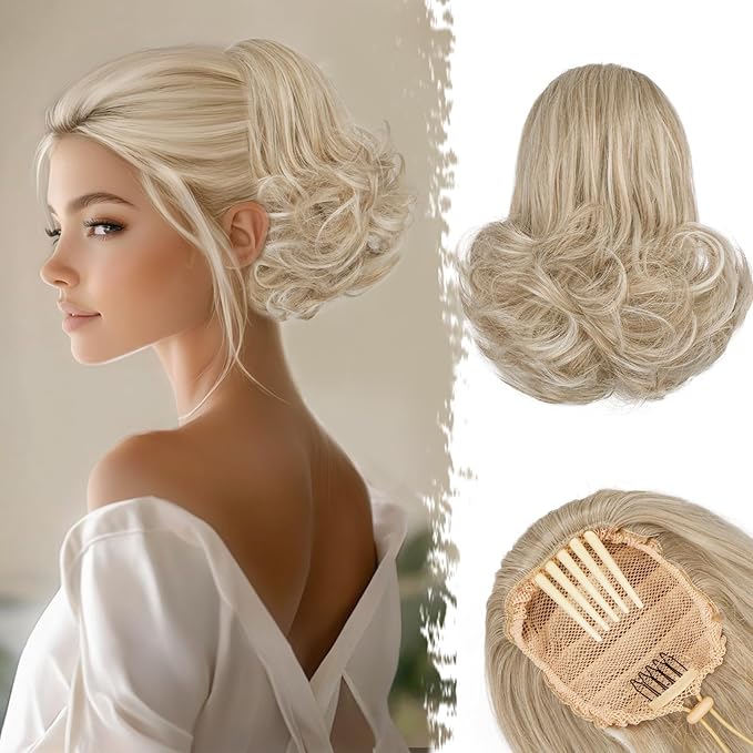 BARSDAR Short Blonde Drawstring Ponytail - 10 Inch Wavy Comb Clip Ponytail Extensions for Women - Synthetic Clip in Ponytails Hairpieces Fake Pony Tails Daily - Medium Blonde with Highlights