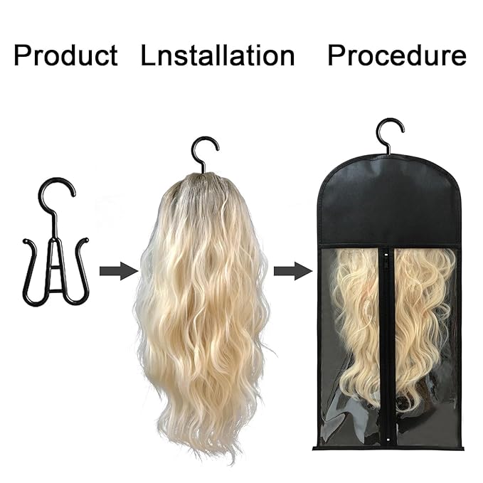 Jonley 4Pcs Wig Storage Wig Bags Storage with Hanger, Wig Storage Bag with Hair Extensions Wigs and Accessories, Breathable and Easy to Carry Home Hair Salon Travel Available (Black 23.5in)