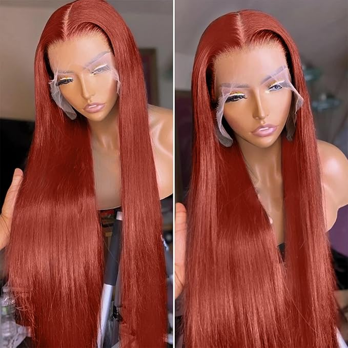 250 Density Straight Lace Front Wigs Human Hair Pre Plucked 13x4 HD Transparent Lace Front Wigs Human Hair for Women Reddish Brown Lace Frontal Wigs 33# Colored 28Inch