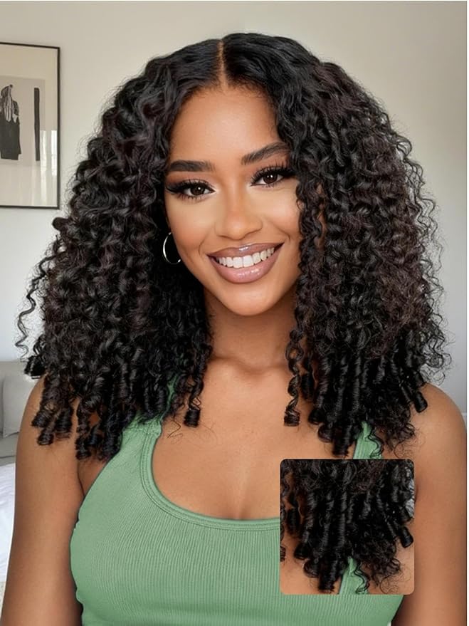 YIROO Burmese Bye Bye Knots Curly Wig Human Hair with Finger Coil Ends,Glueless Wig Human Hair Pre Plucked Pre Cut 7x5 Lace Front Wig Pre Bleached Wear and Go Beginner Friendly 150% Density 24Inch