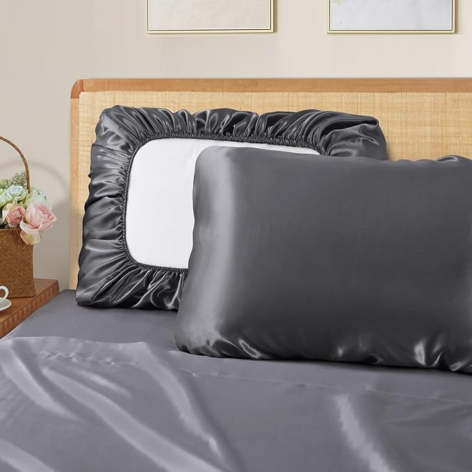 SiinvdaBZX Dark Grey Satin Pillowcase Standard/Queen Size Set of 2, Silky Travel Elastic Band Satin Pillow Case for Hair and Skin, Soft Portable & Fit for Various Pillow