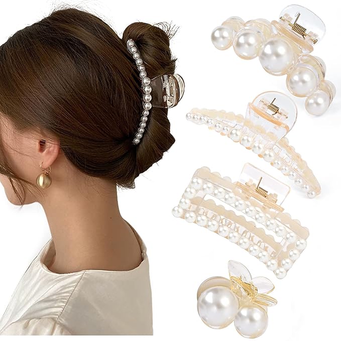 Mehayi 4 PCS Large Pearl Hair Claw Clips for Women Girls, Hair Barrette Clamps for Thick Thin Hair, Fashion Hair Accessories Headwear Styling Tools for Party Wedding