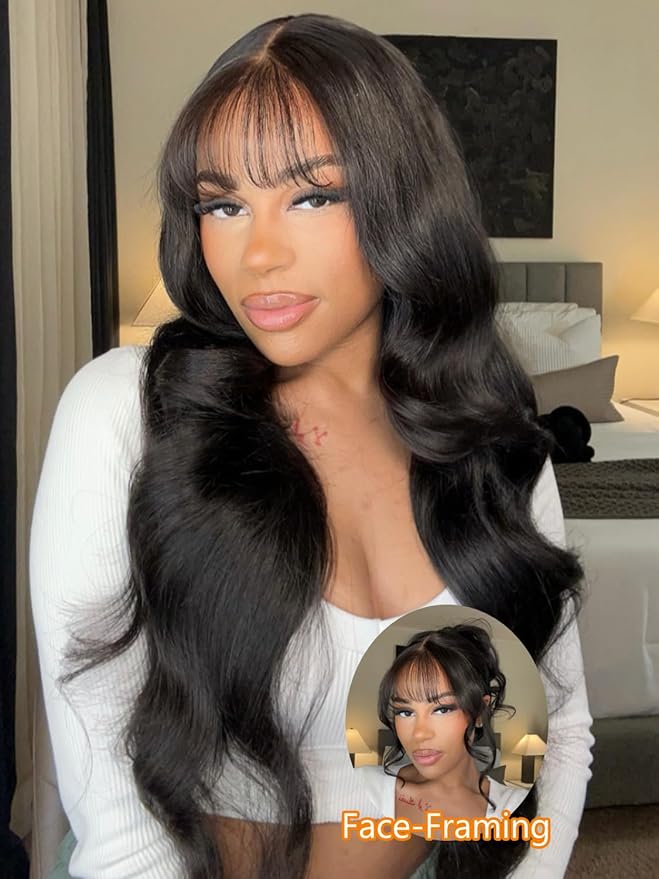 Julia Hair Bye Bye Knots Curtain Bangs Wig Glueless Fluffy Natural Loose Wave Pre Cut 7x5 HD Lace Front Wigs Invisible Pre Plucked Pre Everything Body Wave Put on and Go Wig for Women 22 Inch