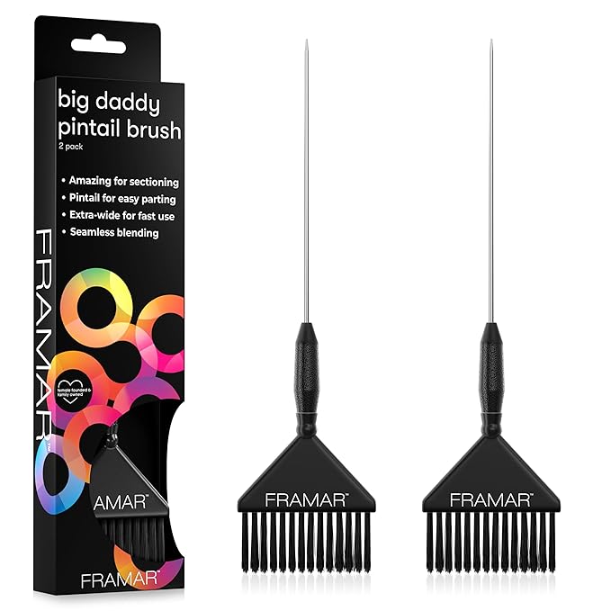 Framar Pin Tail Hair Color Brush Set - Hair Dye Brush Kit, Hair Coloring Brushes for Hair Stylist, Tint Brushes for Hair Color, Easy for Sectioning and Parting Hair - 2 Pack Black
