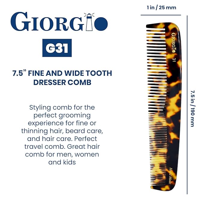 Giorgio G31 Fine Tooth Comb and Wide Tooth Hair Comb, Hair Styling Comb for Men, Grooming Hair Combs for Women, Mens Beard Care Combs for Detangling and Styling, Handmade Saw-Cut and Hand Polished