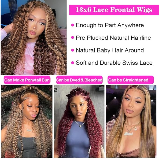 30inch Highlight Ombre Lace Front Wig Human Hair 13x6 HD Honey Blonde 4/27 Deep Wave Lace Frontal Wigs Glueless Wigs Human Hair (4/27 Honey Blonde, 32inch)