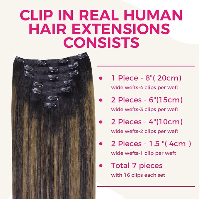 Lashey Human Hair Extensions Natural Black Mixed Chestnut Brown Clip in Hair Extesnions Straight 120g 7pcs Human Hair Clip ins 18 Inch Hair Extensions for Black Women Real Soft