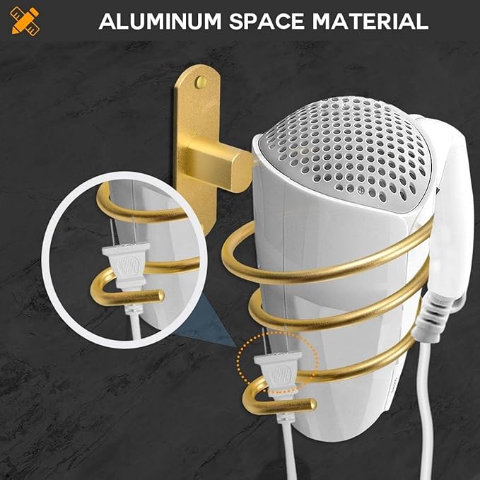 YWHWXB Hair Dryer Holder,Wall Mounted Spiral Hair Dryer Shelf,Bathroom Stainless Steel Hair Dryer Bracket,Self-Adhesive Hair Dryer Storage Rack (Gold)