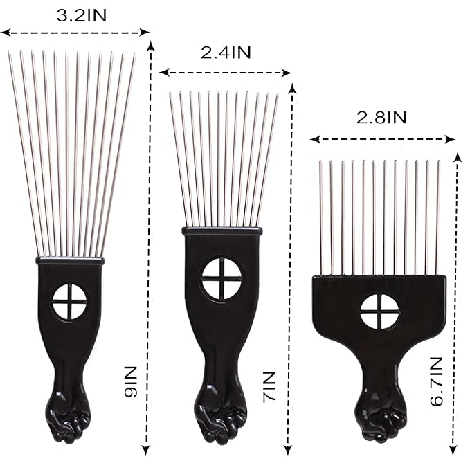 COOKOO 3 Pack Metal Afro Hair Styling Combs - Fist Design Wide Tooth Picks for Women, Men & Natural Curly Hair Hairstyling