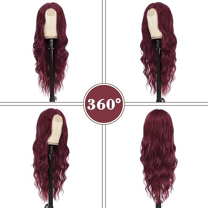 NAYOO Long Wine Red Wavy Wig for Women 26 Inch Middle Part Curly Wavy Wig Natural Looking Synthetic Heat Resistant Fiber for Use (Wine Red)