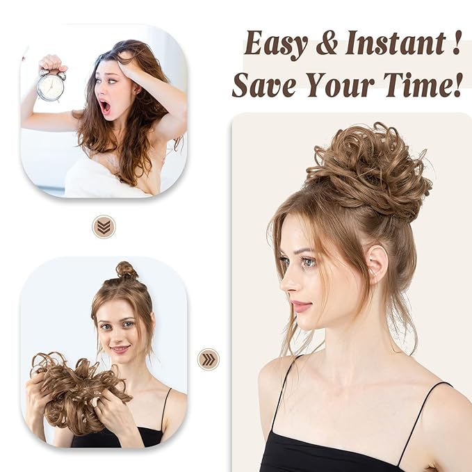 CJL HAIR Large Messy Bun Hair Piece Wavy Curly Scrunchies Synthetic Chignon Ponytail Hair Extensions Thick Updo Hairpieces for Women Dark Brown