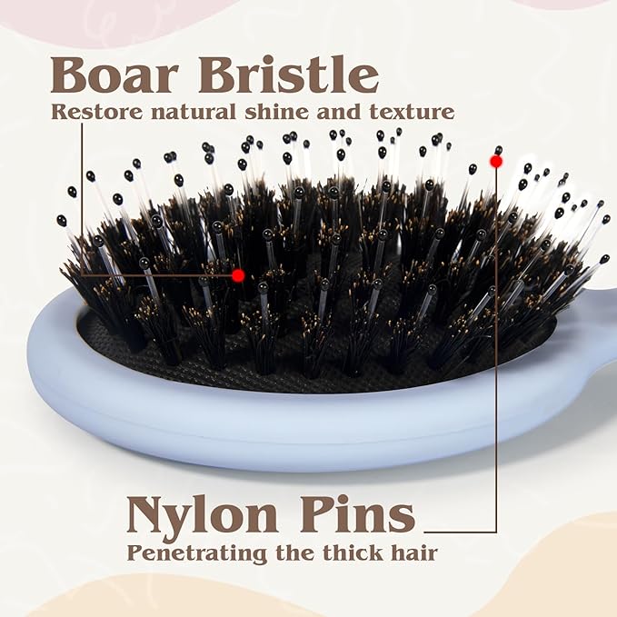 Mini Boar Bristle Hair Brush - Boar & Nylon Bristle Small Brush for Women Kids Long Short Hair to Smooth Add Shine - Travel Size Hair Brush for Purse,Pocket - Blue