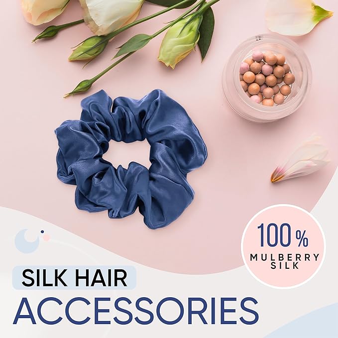 Blissy Silk Scrunchies (3 Pack) - 100% Pure Mulberry Silk - 22 Momme 6A High-Grade Fibers Scrunchie for Straight & Curly Hair - Preventing Breakage, Tangling, & Creasing (Blue Regular)