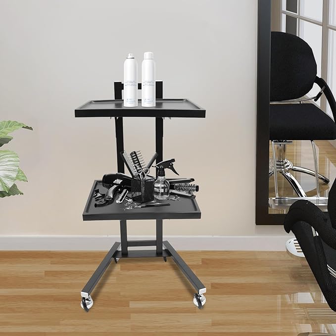 Hairstylist Trolley Cart with Wheels, 2 Tier Salon Tray Cart with Storage Platform, Stainless Steel Salon Service Station Hair Color Tray, Mobile Hairdressing Trolley for Spa Home Use (Black)