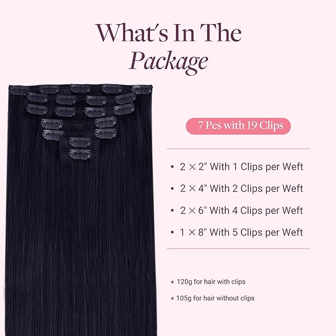 GOO GOO Clip in Hair Extensions Real Human Hair, Remy Human Hair Extensions Clip ins for Women, Natural Human Hair, 16inch 120g 7 Pcs, #1G Blue Black