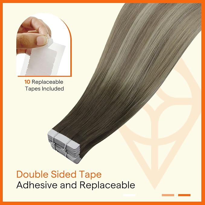 Full Shine Insert Tape in Hair Extensions Human Hair Color 4/7/80 Brown And Blonde Virgin Tape in Extensions Real Human Hair 24 Inch Remy Skin Weft 10Pcs 25 Grams No Knots for Wedding