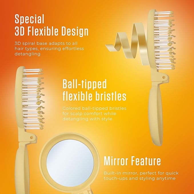 Mini Detangler Travel Hair Brush with Mirror, Makaron Hair Brushes for Women, Men and Kids, Unique 3D Flexible Design for All Hair Types, Styling Accessory, Travel Essentials for Women (POPULARYELLOW)