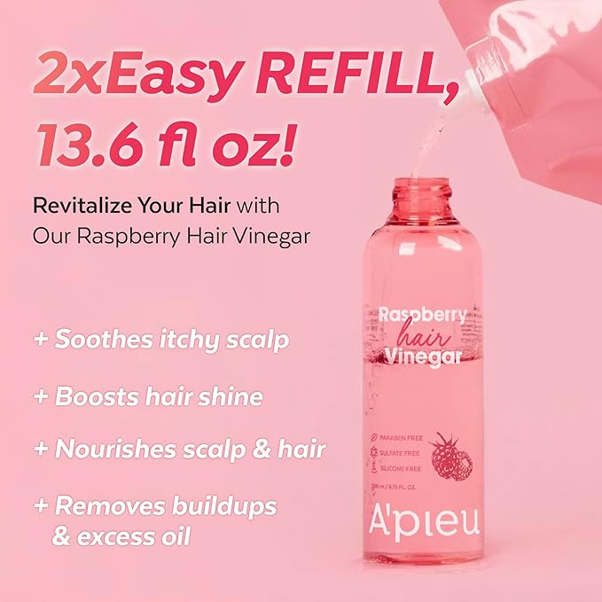 A’PIEU Raspberry Hair Vinegar [Refill] - Deep Scalp Clean & Detox for Oily Scalp, Buildup & Dandruff Scalp Treatment, pH-Balancing Rinse for Fresh, Shiny Hair, Korean Hair Care, 6.76 fl oz