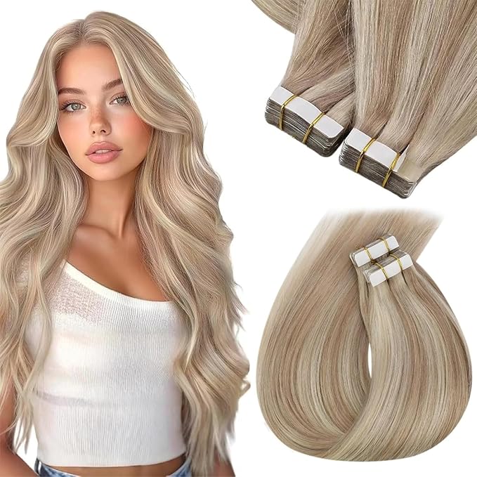 Sunny Hair Tape in Hair Extensions Real Human Hair Invisible Remy Hair Extensions Tape ins for Women Ash Blonde Highlight Bleach Blonde with Pink Hue 14 inch 40pcs 100g