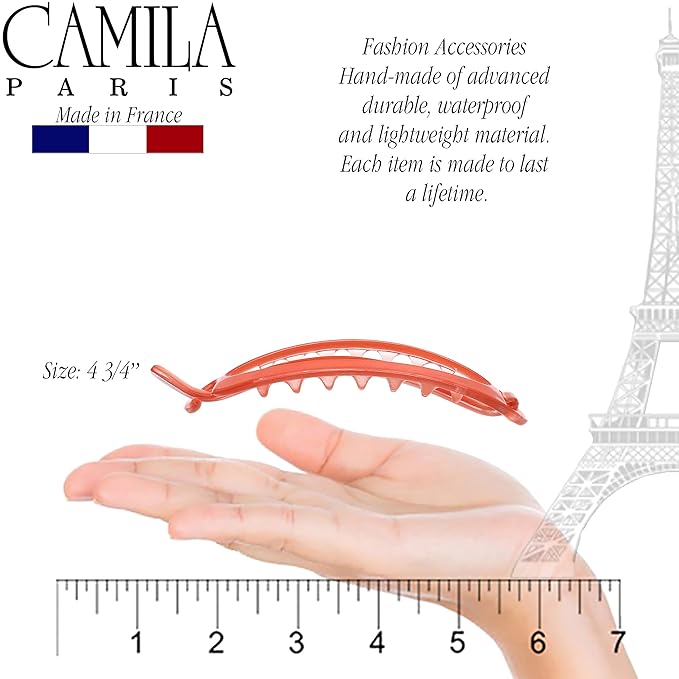Camila Paris CP3121 French Hair Barrette Clip, Flexible Ponytail Holder No Metal Parts, Strong Hold Grip Hair Clips for Women, No Slip and Durable Styling Girls Hair Accessories, Made in France