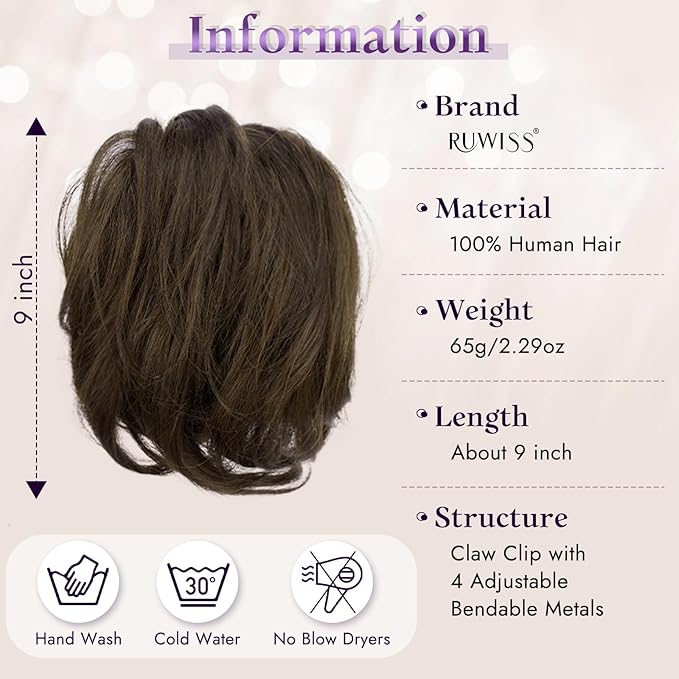 RUWISS Claw Clip Short Human Hair Ponytail Extension with Bendable Metals for DIY Styles Straight Messy Bun Hair Piece for Women Hairpieces for Daily Wear, 9 Inch Dark Brown with 15% Dark Cocoa Blonde