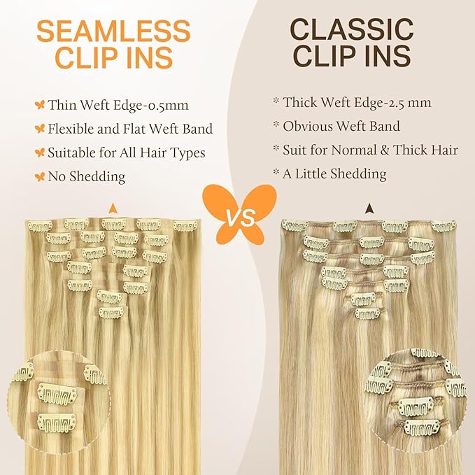 DOORES Seamless Clip in Hair Extensions, Real Human Hair, DirtyBlonde Highlight Golden Blonde 16 Inch 110g 7pcs, Invisible PU Weft Hair Invisi Edge Hair Extensions
